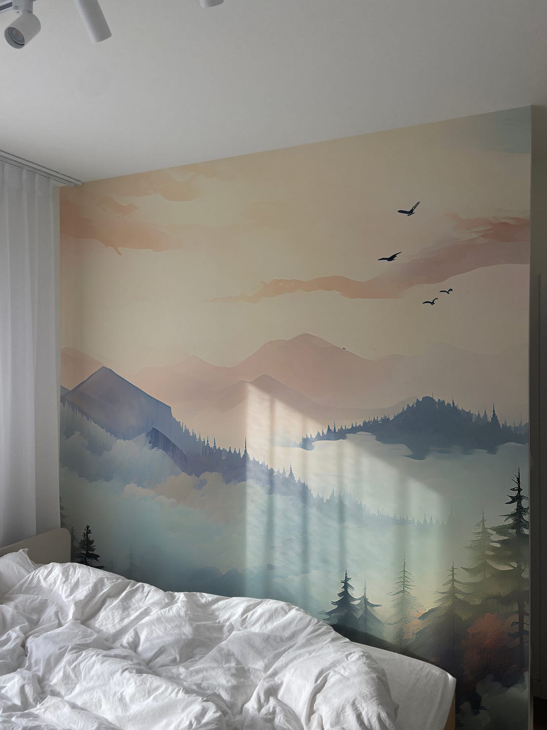 Customer photo review of Colorful Nursery Mural, Forest and Mountains Wall Decal, Peel and Stick Nature Mural, Sunset Wallpaper, Mountain Custom Size, Removable