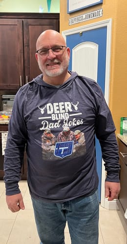 Customer photo review of Icey-Tek Deer Blind Dad Joke Hooded Long-Sleeve Tee