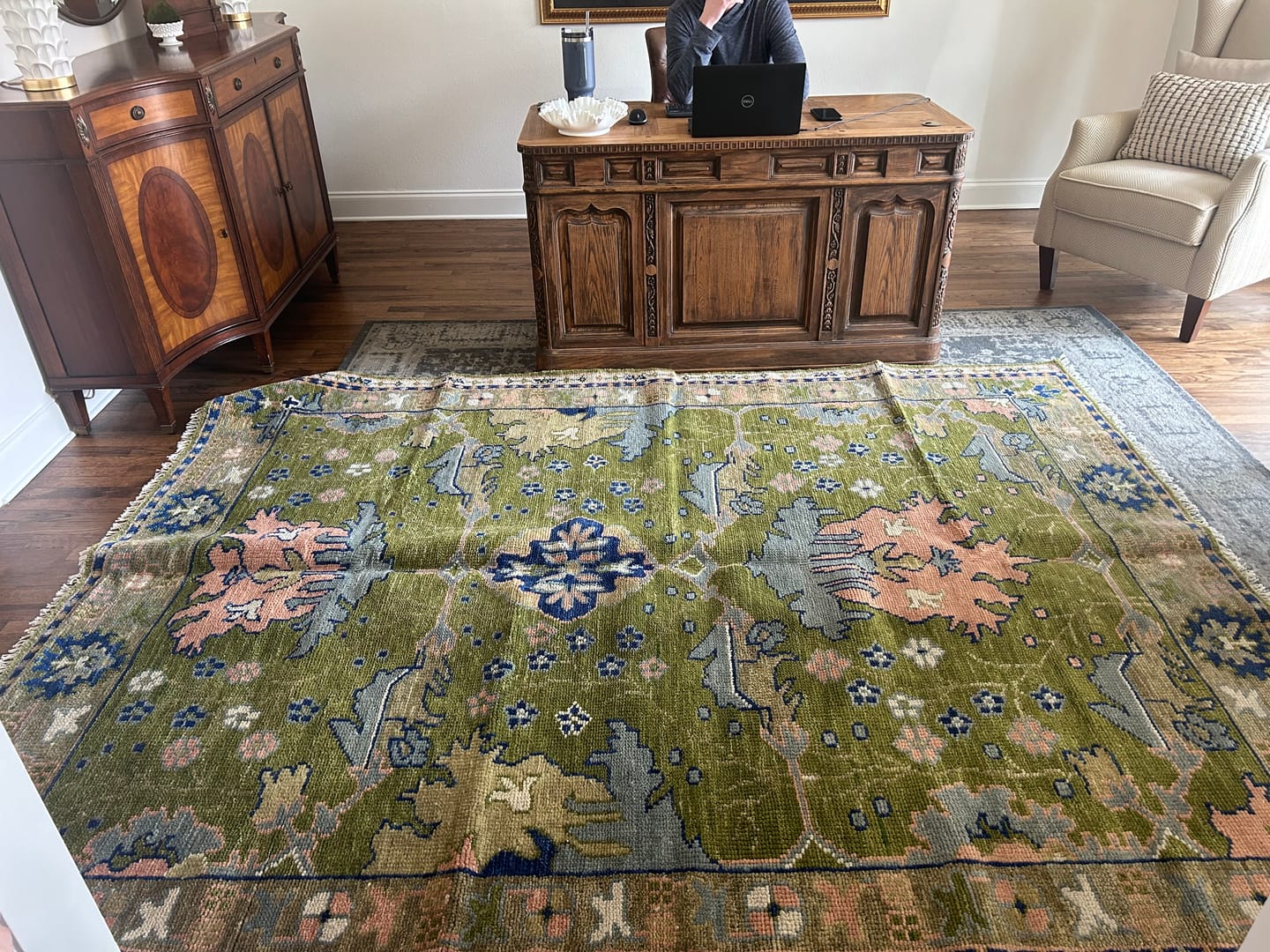 Customer photo review of Multi size Moss Green, Blue and Peach Hand Knotted Vibrant colorful Donegal Wool Rug | TRDCP1489