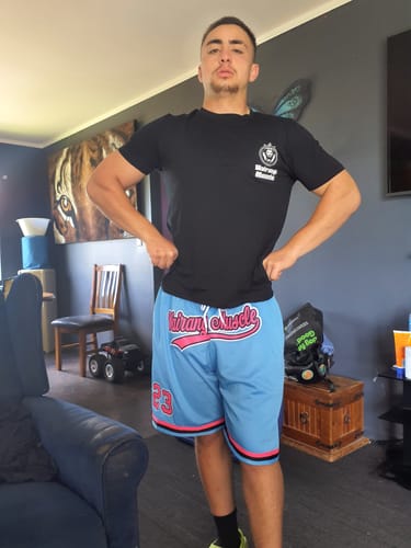 Customer photo review of Custom Light Blue Pink-Black Authentic Throwback Basketball Shorts