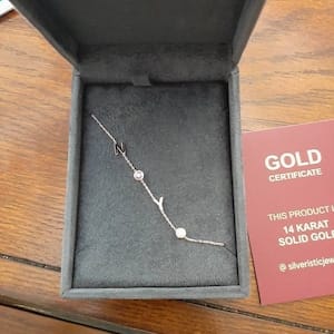 Customer photo review of 14K Solid Gold Sideways Birthstone and Letter Necklace