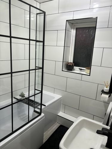 Customer photo review of Serene L-Shaped Framed 1600 Matt Black Complete Shower Bathroom Suite