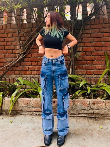 Customer photo review of High-Rise Double Cargo Jeans - Light Wash