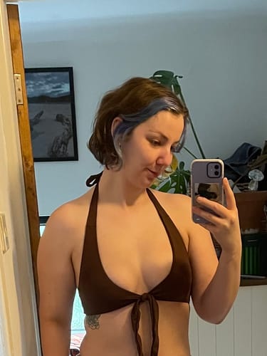 Customer photo review of Riviera Tie Front Halter Neck Bikini Top // Ganache Dark Brown