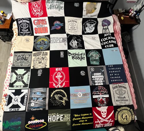 T-shirt quilt with recovery, sober living themes by Alice from WA