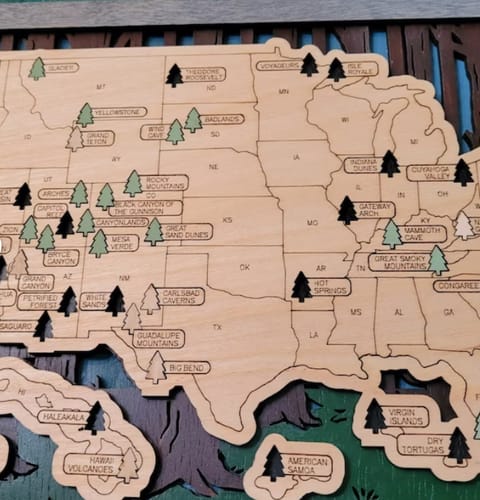 Customer photo review of US 3D Wooden National Parks Travel Map With Trees To Record Park Visits (2 Design)