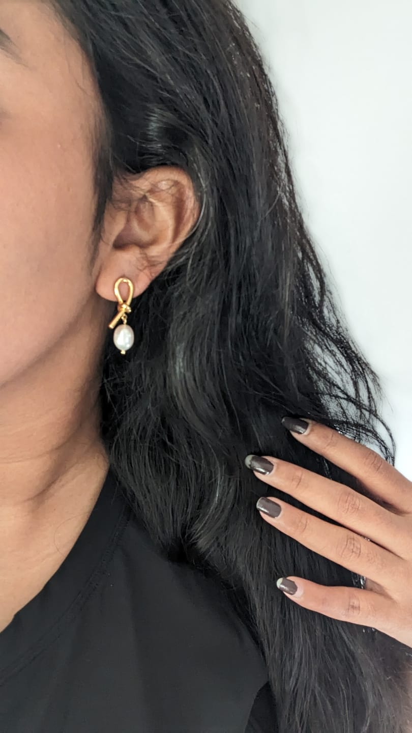 Customer photo review of Knotted Gold & Freshwater Pearl Earrings