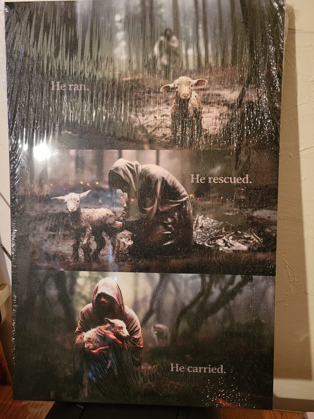 Customer photo review of He Ran, He Rescued, He Carried, Jesus and Lost Sheep, Wall Art Canvas