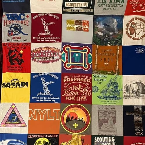 T-shirt quilt with outdoors, scouting themes by Chip from AR