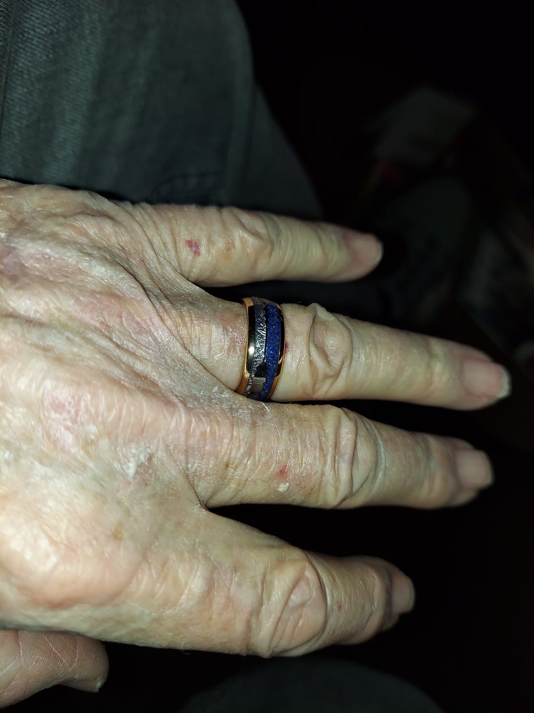 Customer photo review of 8mm- ROSE GOLD TUNGSTEN ARROW RING W/ BLUE LAPIS LAZULI, FAUX METEORITE,