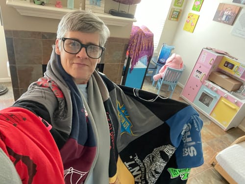 T-shirt quilt with music, family themes by Tracey from TX