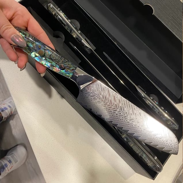 Customer photo review of Umi 7" Santoku Knife — Japanese VG10 Damascus Steel with Abalone Shell Handle