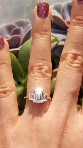 Customer photo review of 3-Stone 2.1ct Emerald Cut CZ Ring in Sterling Silver