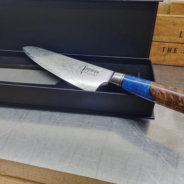 Customer photo review of Tsunami 7" Santoku Knife — Japanese VG10 Damascus Steel with Blue Resin Burl Wood Handle