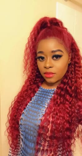 Customer photo review of 99J Burgundy Curly Hair Undetectable Glueless HD Lace Frontal Wig