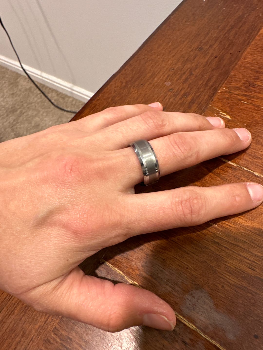 Customer photo review of 8mm - Silver Tungsten Wedding Band, Brushed Center Finish, Silver Tungsten Ring,
