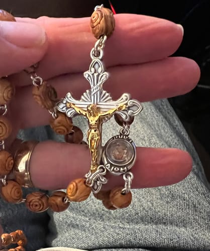 Customer photo review of Olive Wood Carved Beads Rosary with Holy Soil - Holy Land Rosaries