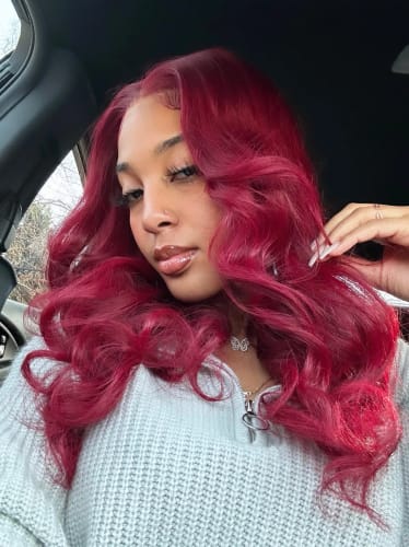 Customer photo review of 99J Wig Silky Straight Burgundy 13×4 Transparent Lace Front Human Hair Wigs Pre Plucked