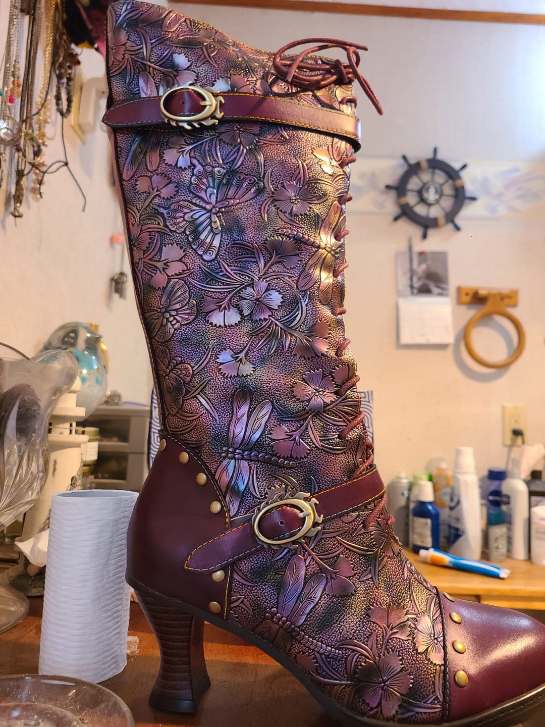 Customer photo review of Warm Embossed Real Leather Dragonfly Boots