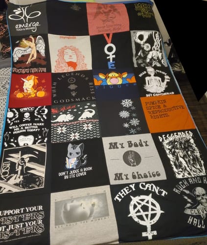 T-shirt quilt with music, punk themes by Tabitha from NY