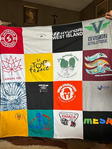 T-shirt quilt with swimming, automobiles themes by Michele from NY