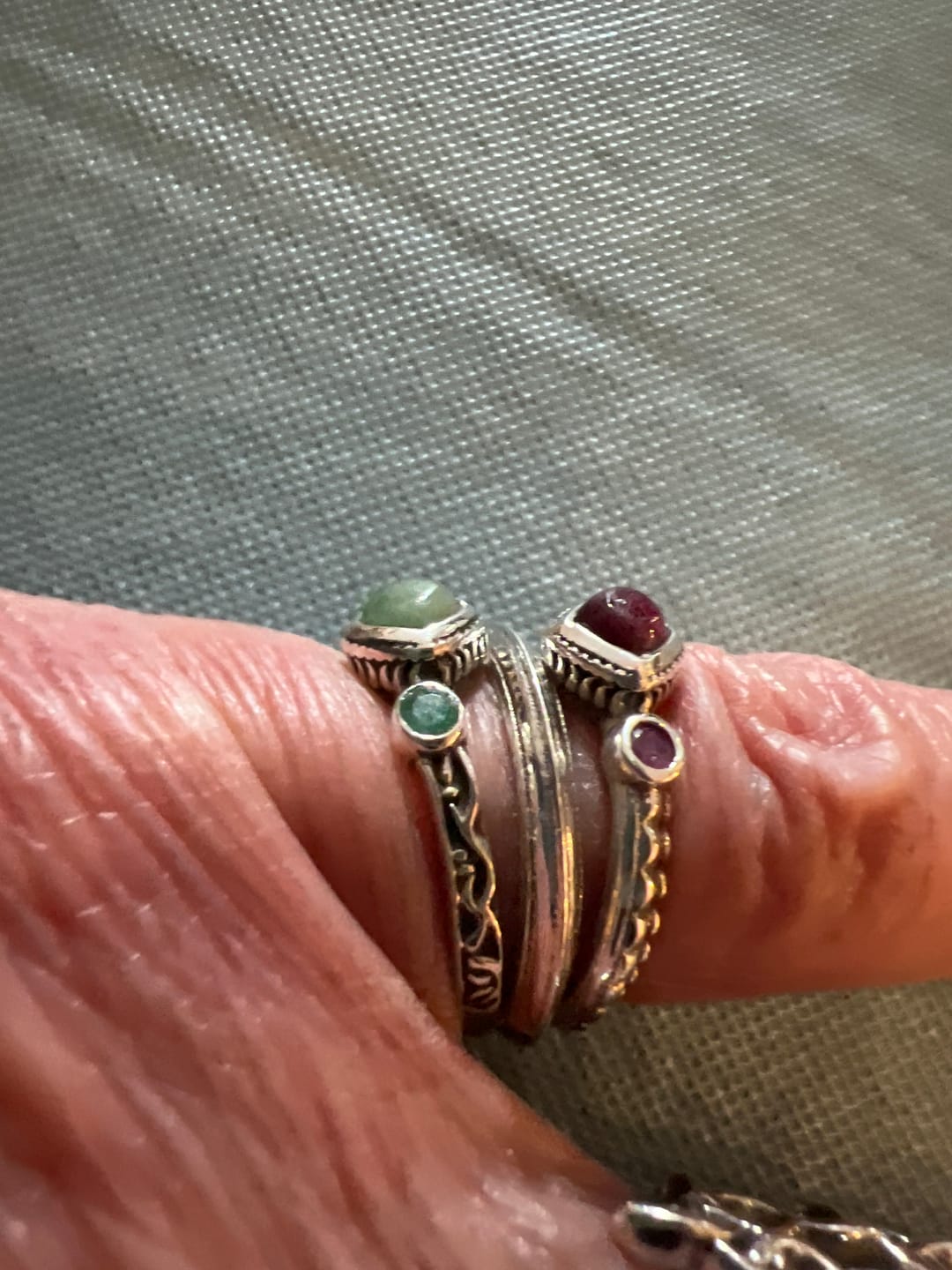 Customer photo review of Ruby and Emerald Stackable Ring Set