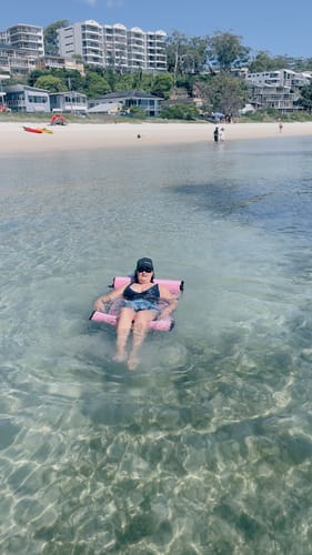 Customer photo review of Blue Bayou - with attachable waterproof phone sleeve and inflatable drink holder.