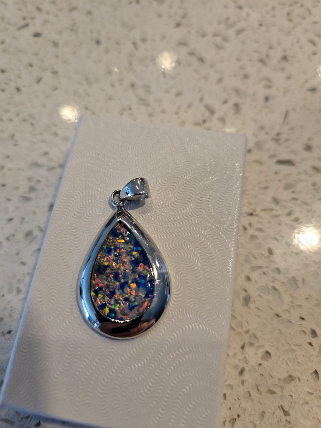 Customer photo review of Pear Drop Opal Cremation Pendant - Engravable