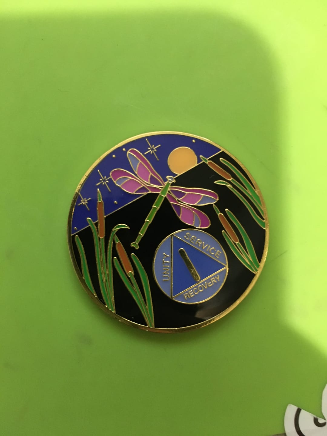 Customer photo review of 1 to 60 Year Dragonfly 9th Step Specialty AA Recovery Medallion - Tri-Plated Chip/Coin