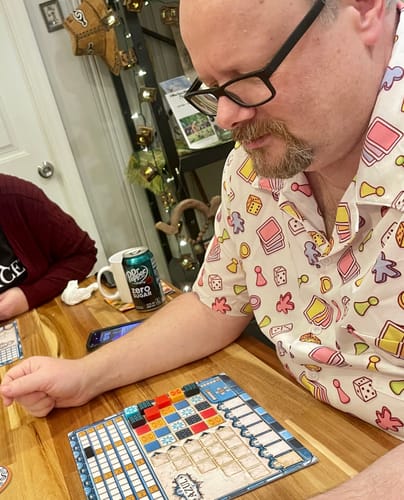 Customer photo review of Board Game Objects Meeples White Button Up Shirt