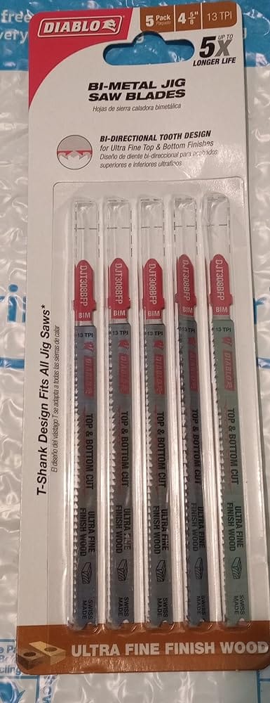 Customer photo review of Diablo DJT308BFP5 4-5/8 in. 13 TPI Bi-Metal T-Shank Jig Saw Blades for Ultra Fine Finish Cuts in Wood, 5/Box