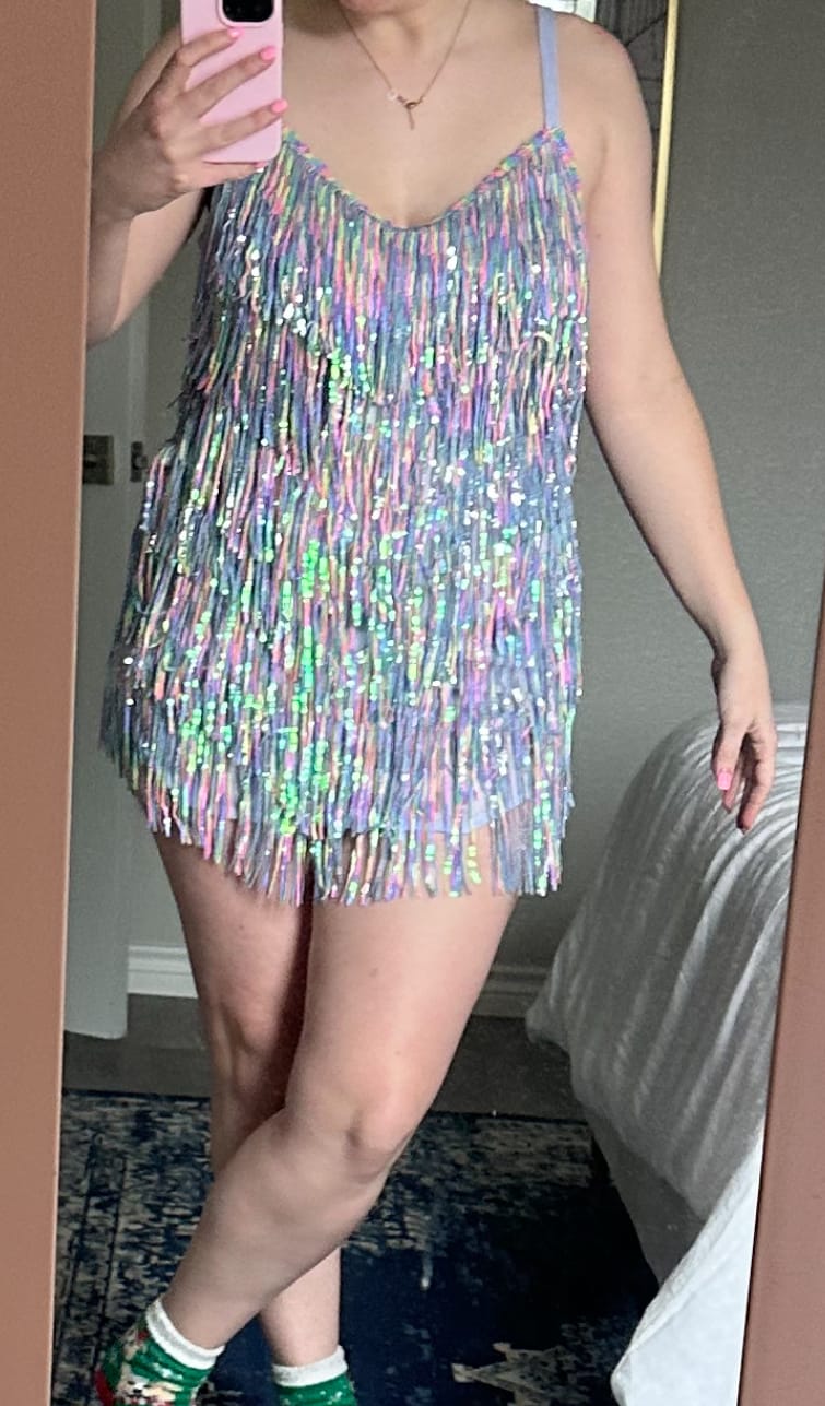 Customer photo review of Shake It My Way Short Sequin Fringe Mini Dress