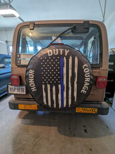 Customer photo review of Thin Blue Line Flag + Honor, Duty, Courage Spare Tire Cover