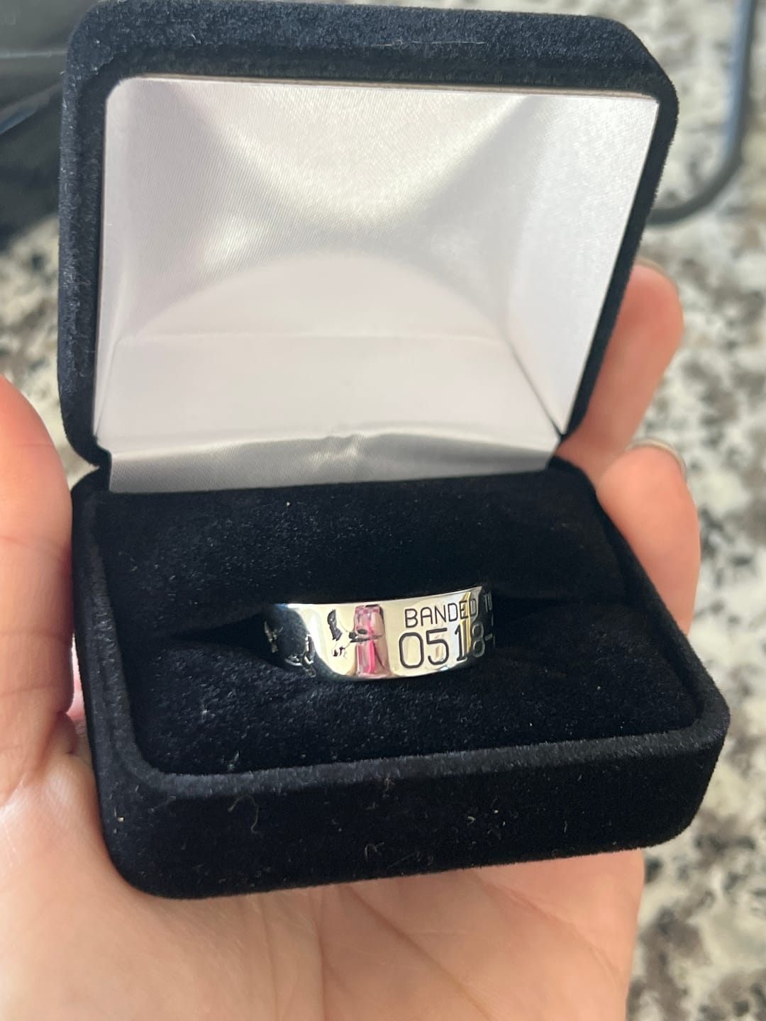 Customer photo review of Duck Band Wedding Ring with Laser Carved Ducks