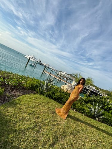 Customer photo review of Nessa Gold Maxi Dress Pre-Order