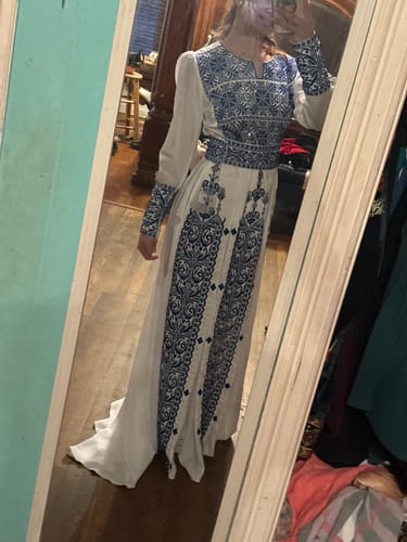 Customer photo review of White/Blue Modern Puff Shoulder Style Long Embroidered Dress