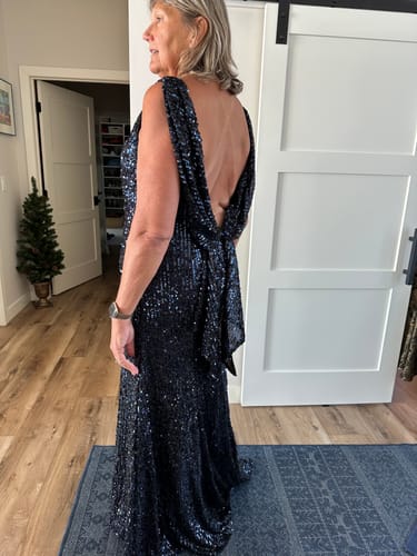 Customer photo review of Cowl Back Boat Neck Sequined Evening Gown