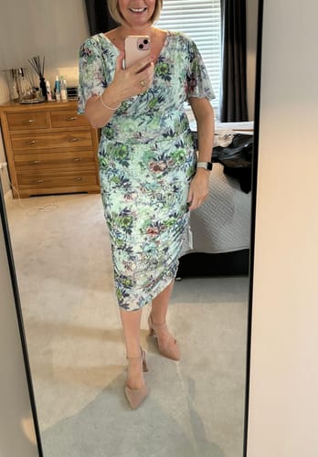 Customer photo review of Angel Sleeve Ruched Mesh Midi Dress, Green Floral