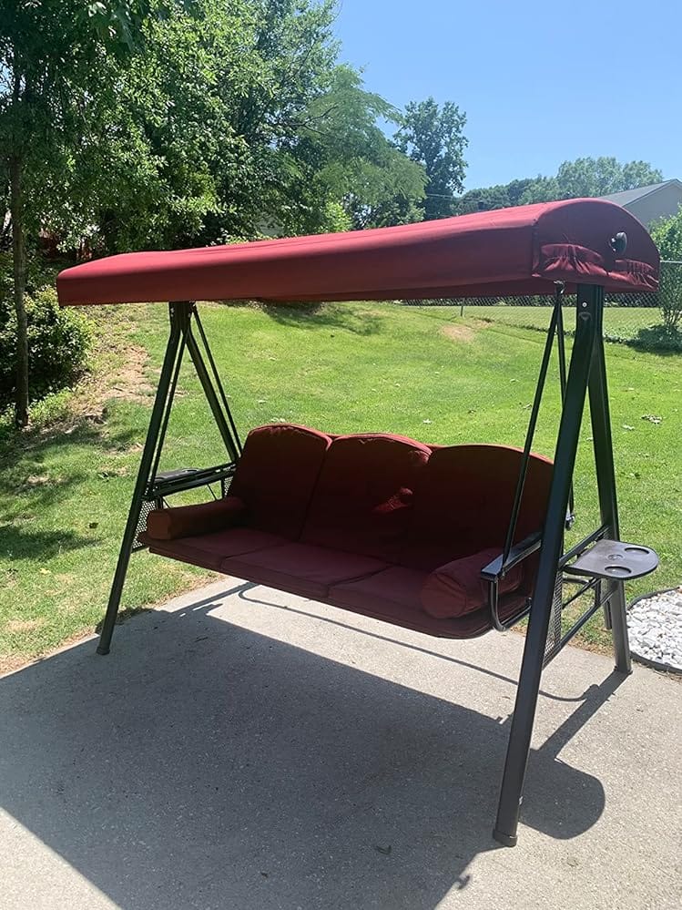 Customer photo review of 3-Seat Outdoor Porch Swing with Adjustable Canopy Backrest and 2 Side Trays (Wine Red)