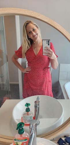 Customer photo review of Brandi Wrap Dress In Red Heart Print