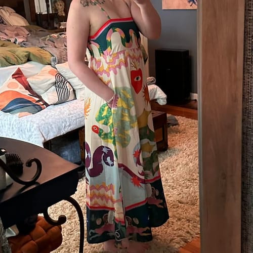 Customer photo review of Feel Effortlessly Linen Blend Unique Print Smocked Back Pocketed Midi Dress