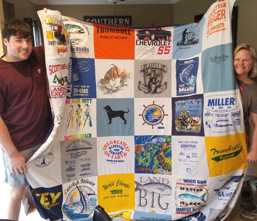 T-shirt quilt with fishing, boating themes by Holly from TN