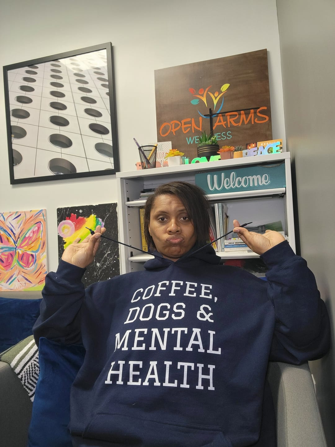 Customer photo review of Coffee, Dogs & Mental Health Hoodie