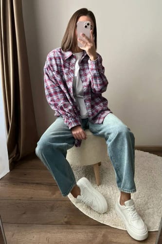 Customer photo review of INFLATION Brushed Check Oversized Shirts Unisex