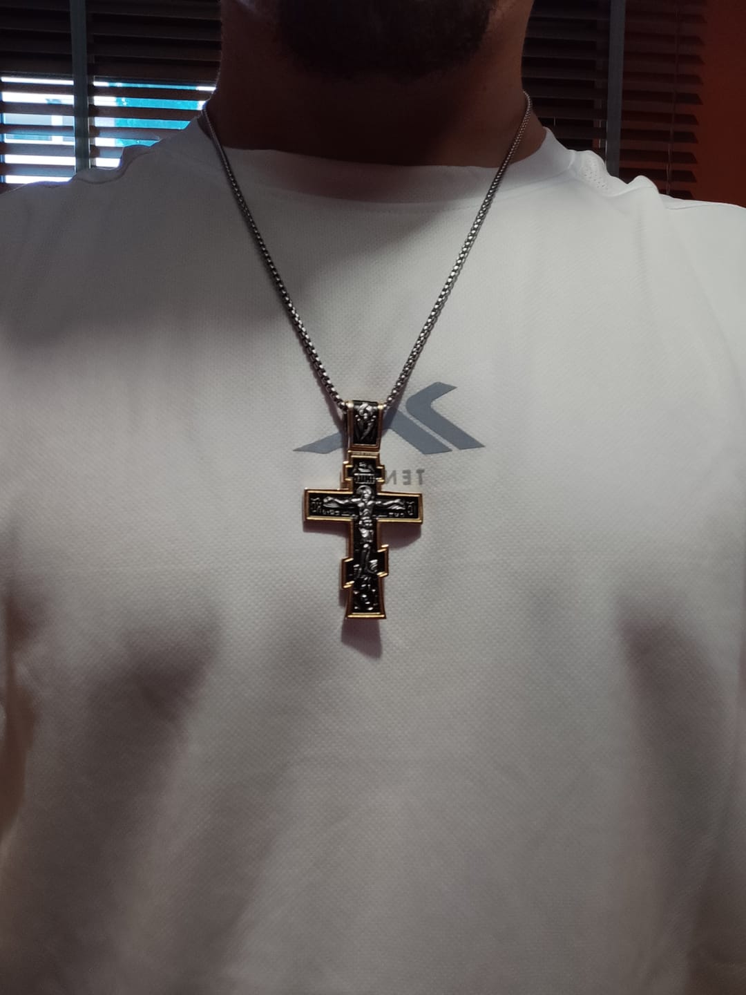 Customer photo review of DARK JESUS CROSS GOLD. - NECKLACE