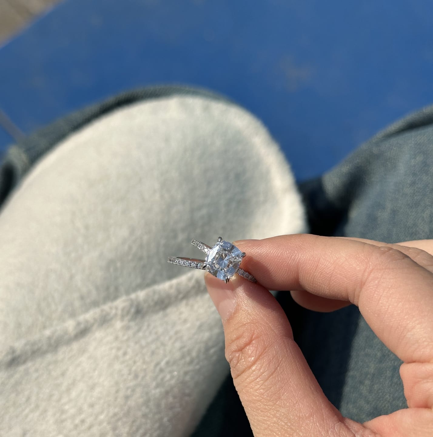 Customer photo review of S925 Classic 3.0 Carat Cushion Cut White Sapphire Wedding Set In Sterling Silver