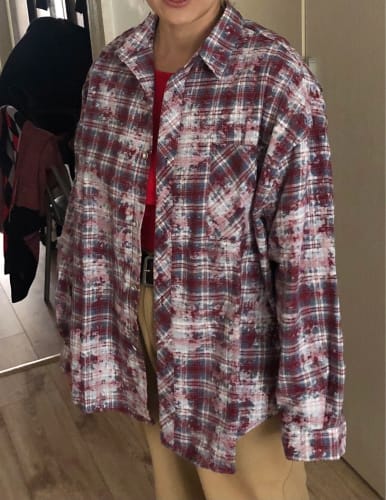 Customer photo review of INFLATION Brushed Check Oversized Shirts Unisex