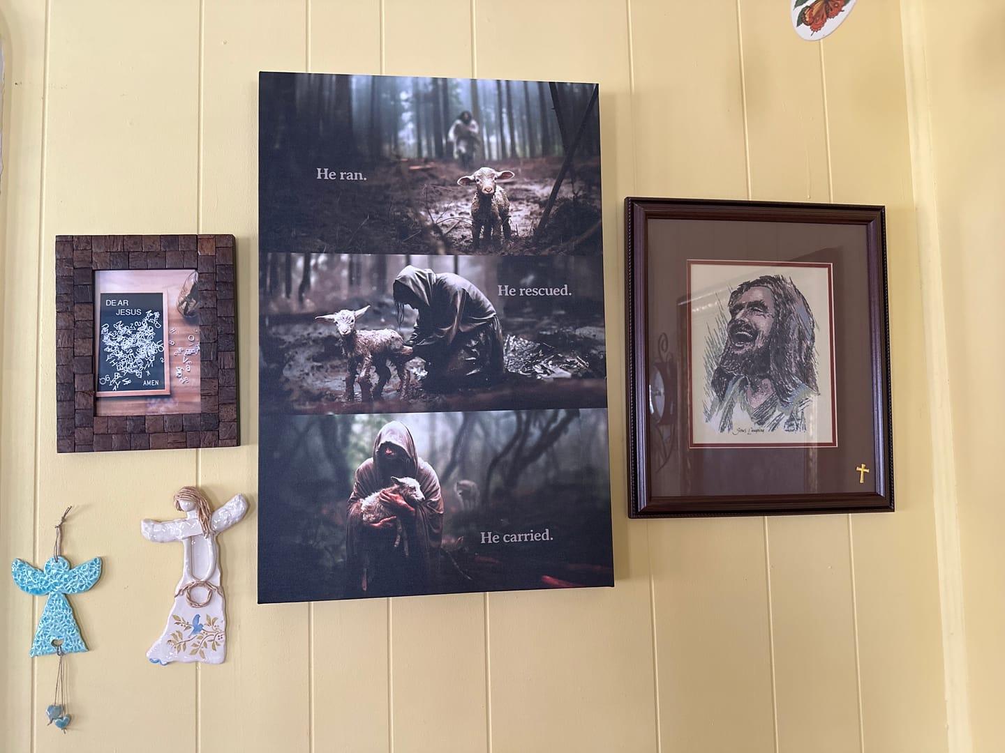 Customer photo review of He Ran, He Rescued, He Carried, Jesus and Lost Sheep, Wall Art Canvas