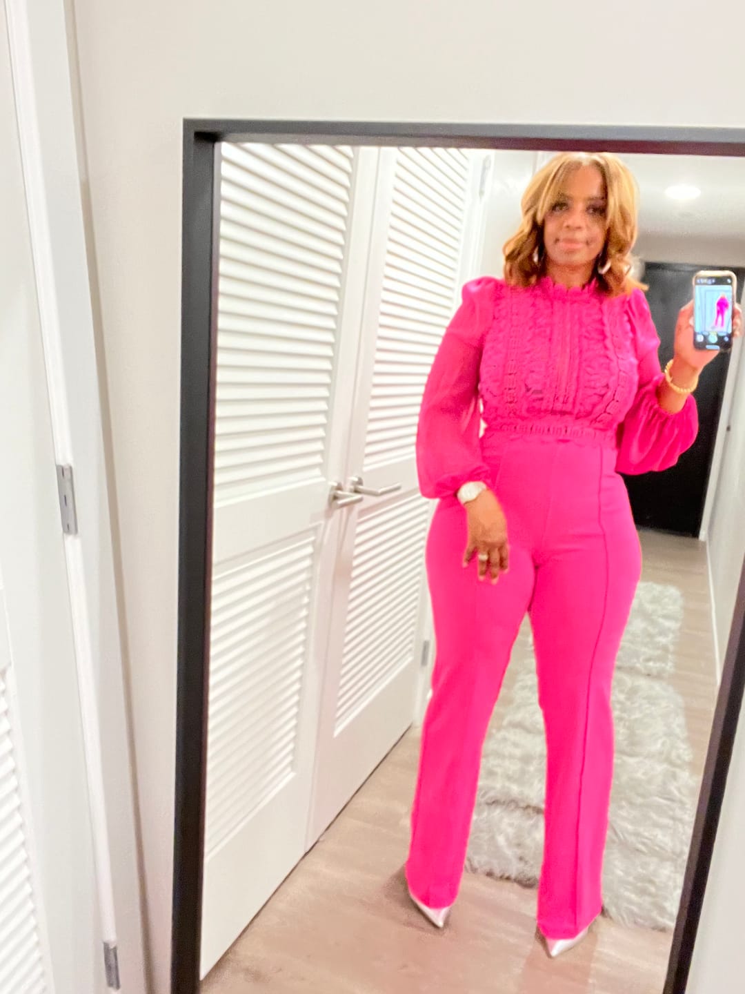 Customer photo review of Nerine Crochet Lace Mesh Jumpsuit - Ultra Pink