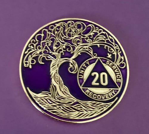 Customer photo review of 1 to 50 Year Sobriety Mint Twisted Tree of Life Gold Plated AA Recovery Medallion/Chip/Coin - Purple